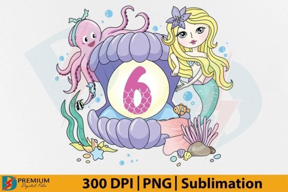 6 Birthday Girl PNG Design: Enchanting Six Mermaid Graphics